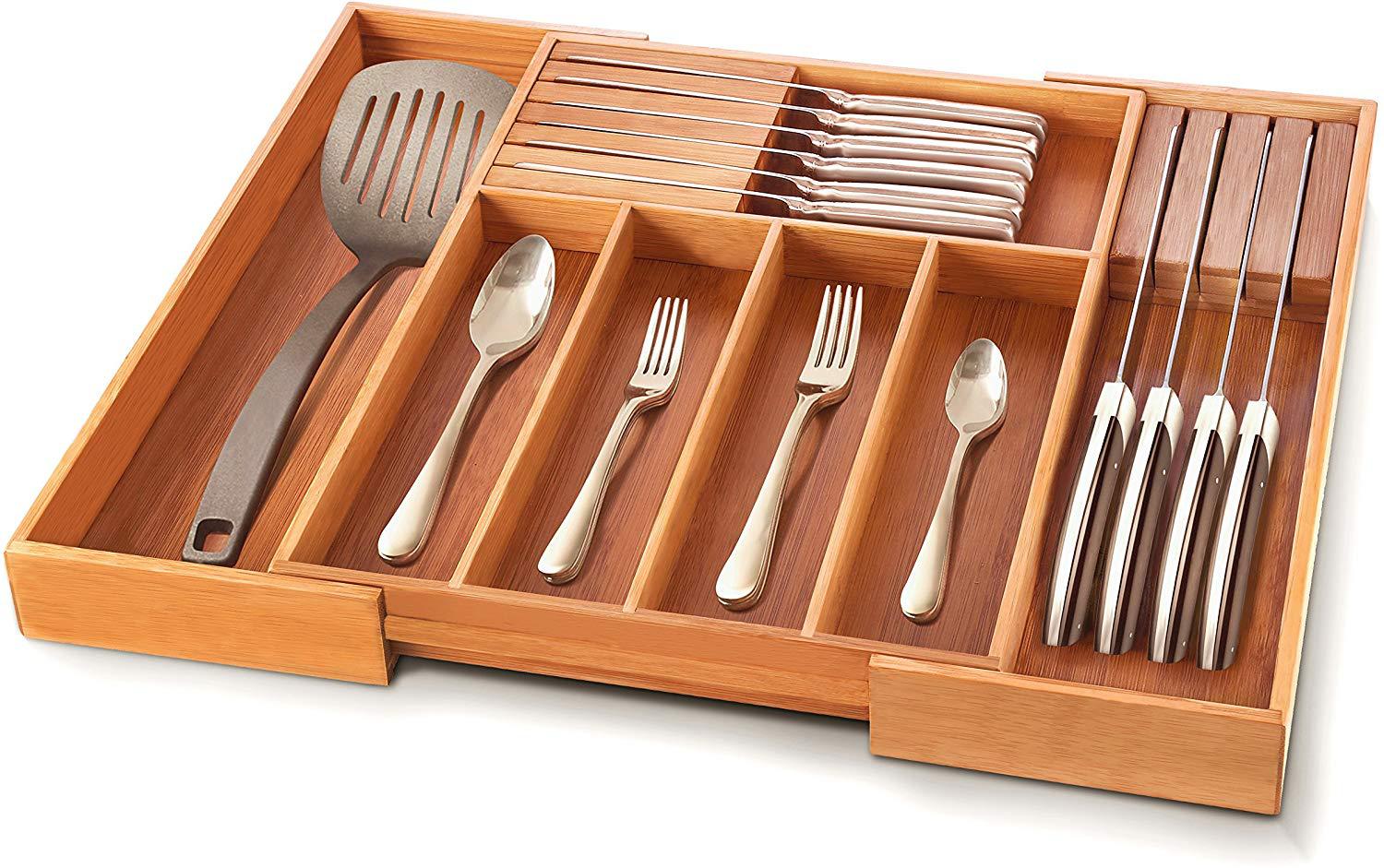 竹制可收缩刀叉盒 竹制刀叉盒 新款竹制厨房抽屉收纳盒
