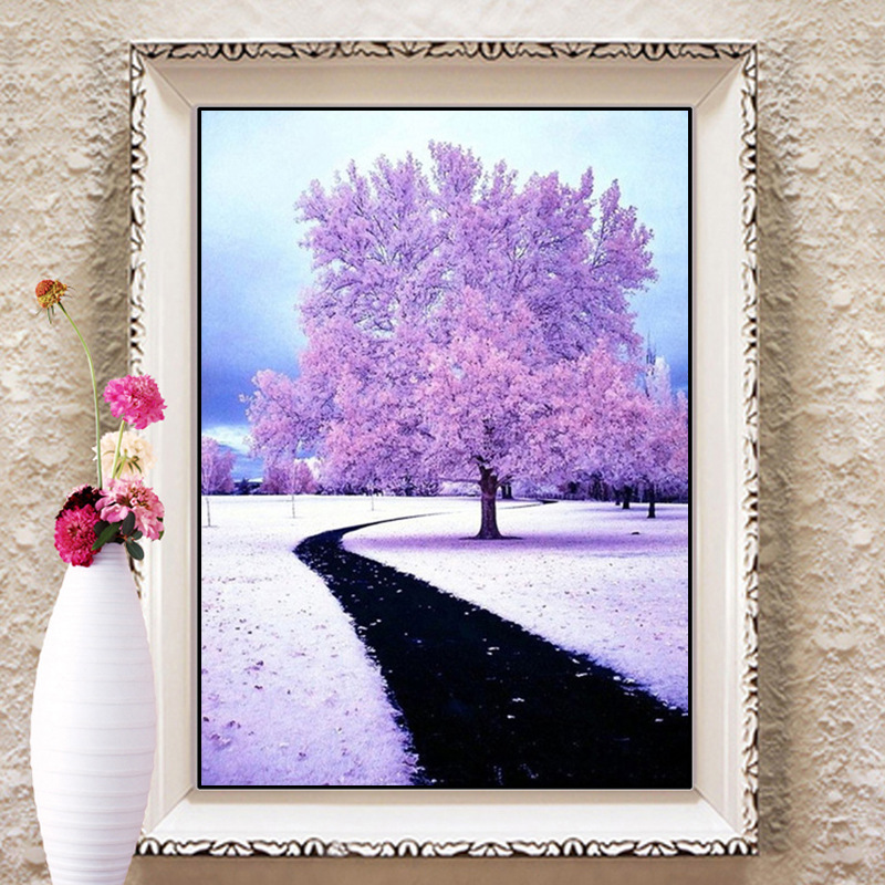 diy钻石画 钻石十字绣 客厅 满钻钻石画 点钻十字绣 紫色树木风景