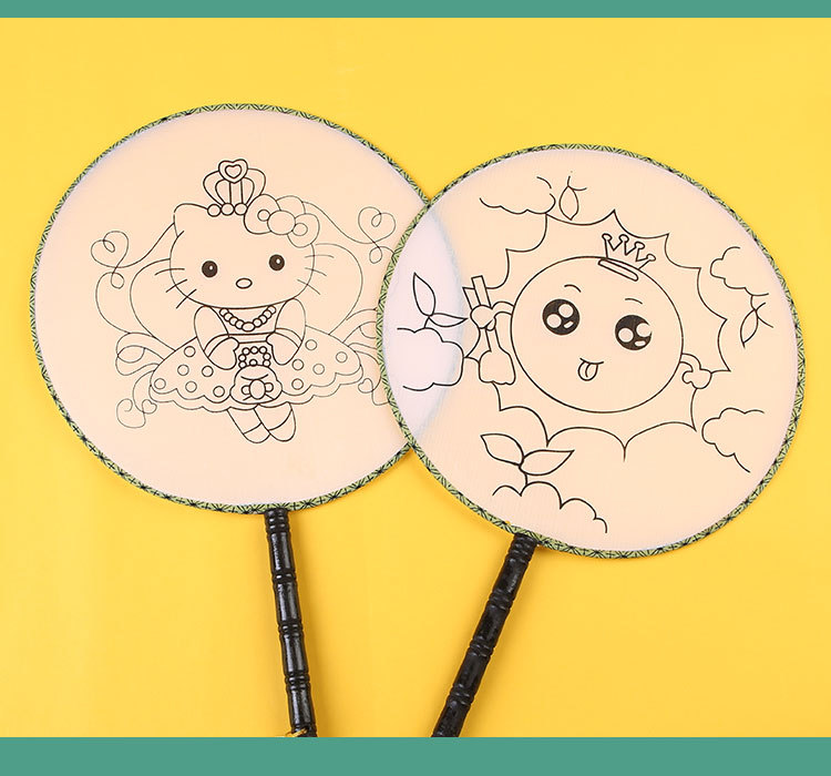 手绘空白扇子儿童卡通图案 diy创意绘画圆形宫廷扇地摊玩具礼品