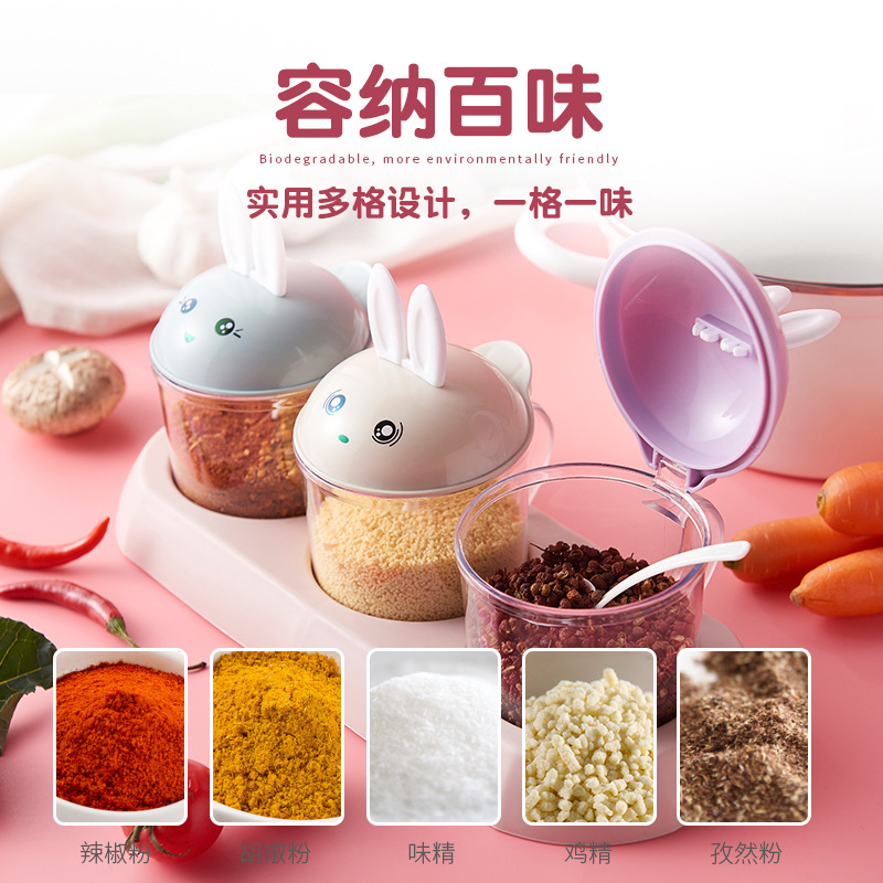 Cute Rabbit Condiment Dispenser Kitchen Pp Seasoning Storage Three Or Four Grid Flip with Spoon Seasoning Containers 0652