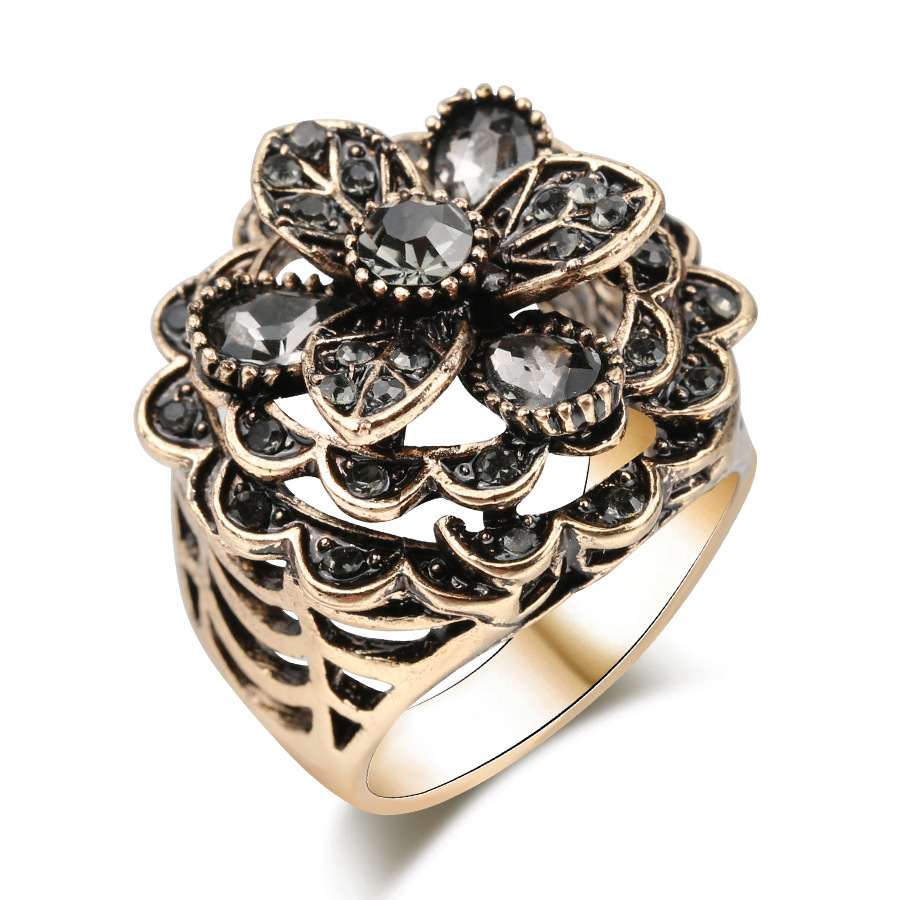精致低调奢华波西米亚中东复古风格首饰灰钻宝石立体花朵戒指批发