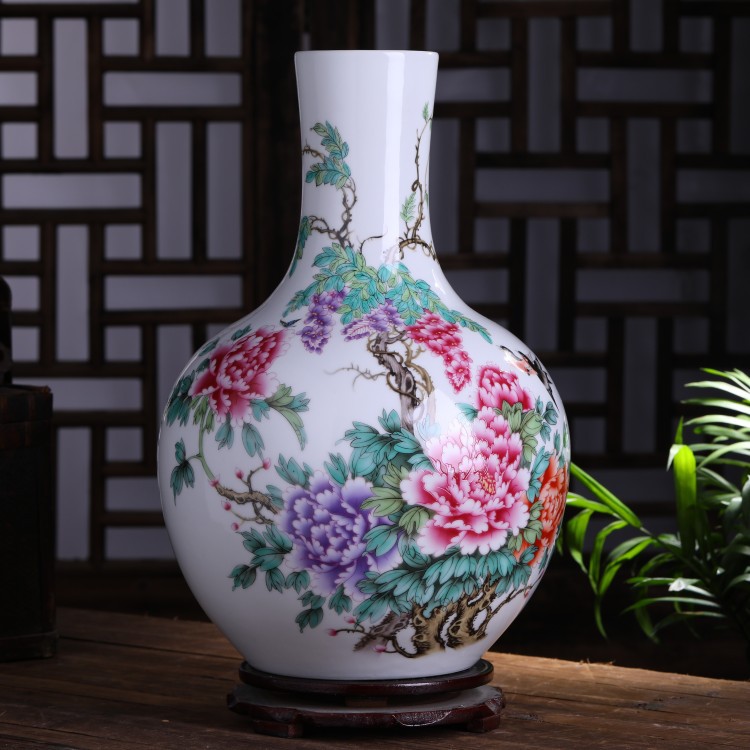 釉上彩粉彩花鸟花开富贵陶瓷花瓶摆件大号天球瓶装饰品玄关摆设