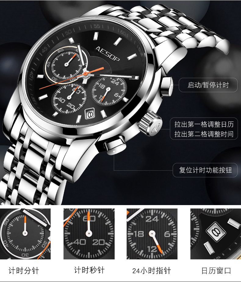 aesop伊索手表大数字夜光防水石英表男士休闲商务1002g