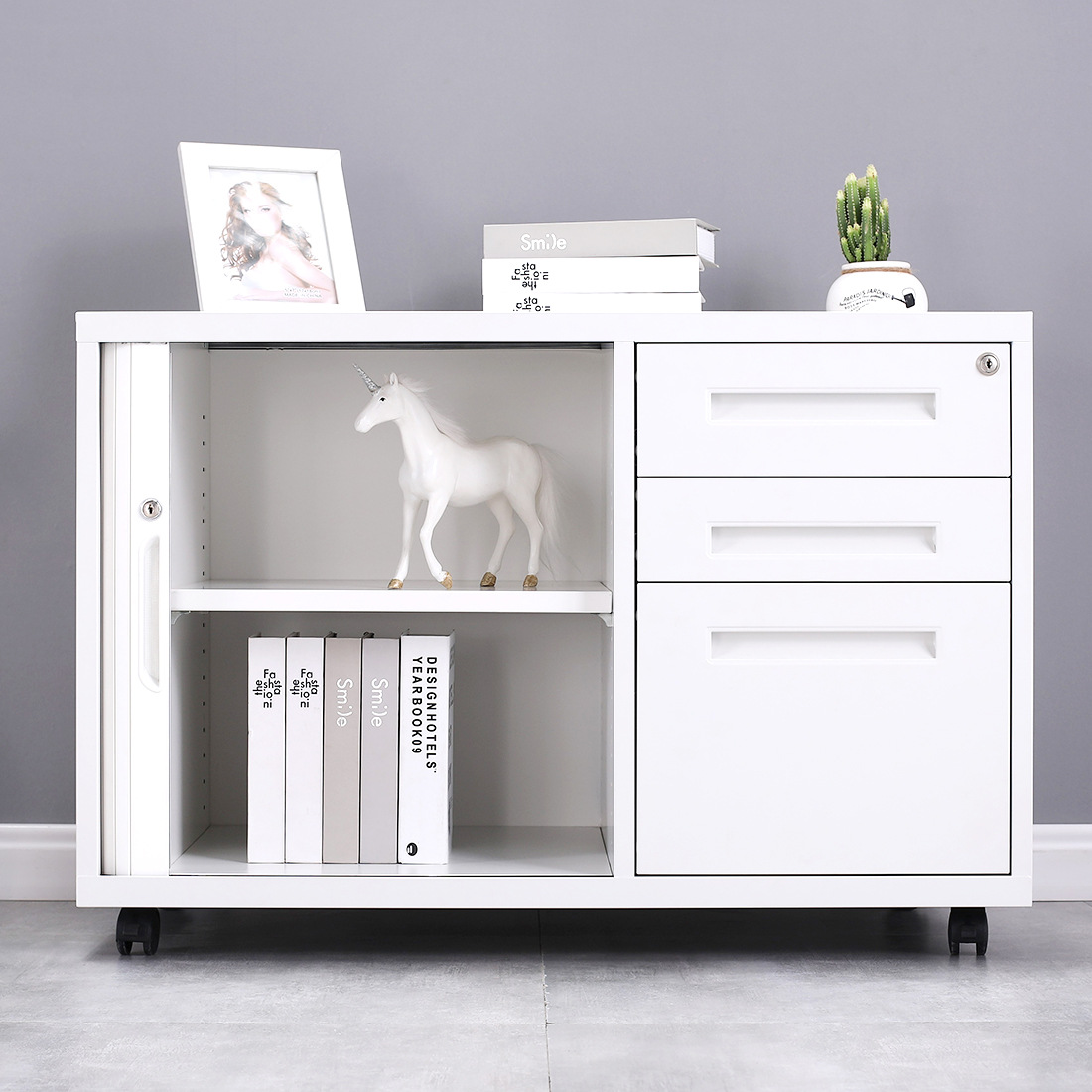 批发abs胶卷门活动柜 钢制桌边推拉门柜办公室背景柜可移动小矮柜