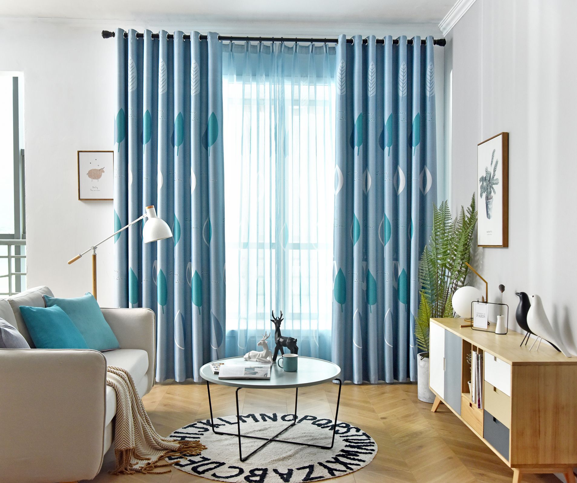 布艺窗帘-ins北欧风格多彩叶子窗帘布遮光卧室客厅遮光窗帘成品简约