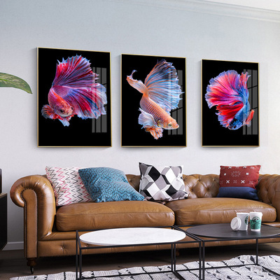 厂家直销5d立体现代简约彩色鱼客厅走廊晶瓷画铝合金外框挂画