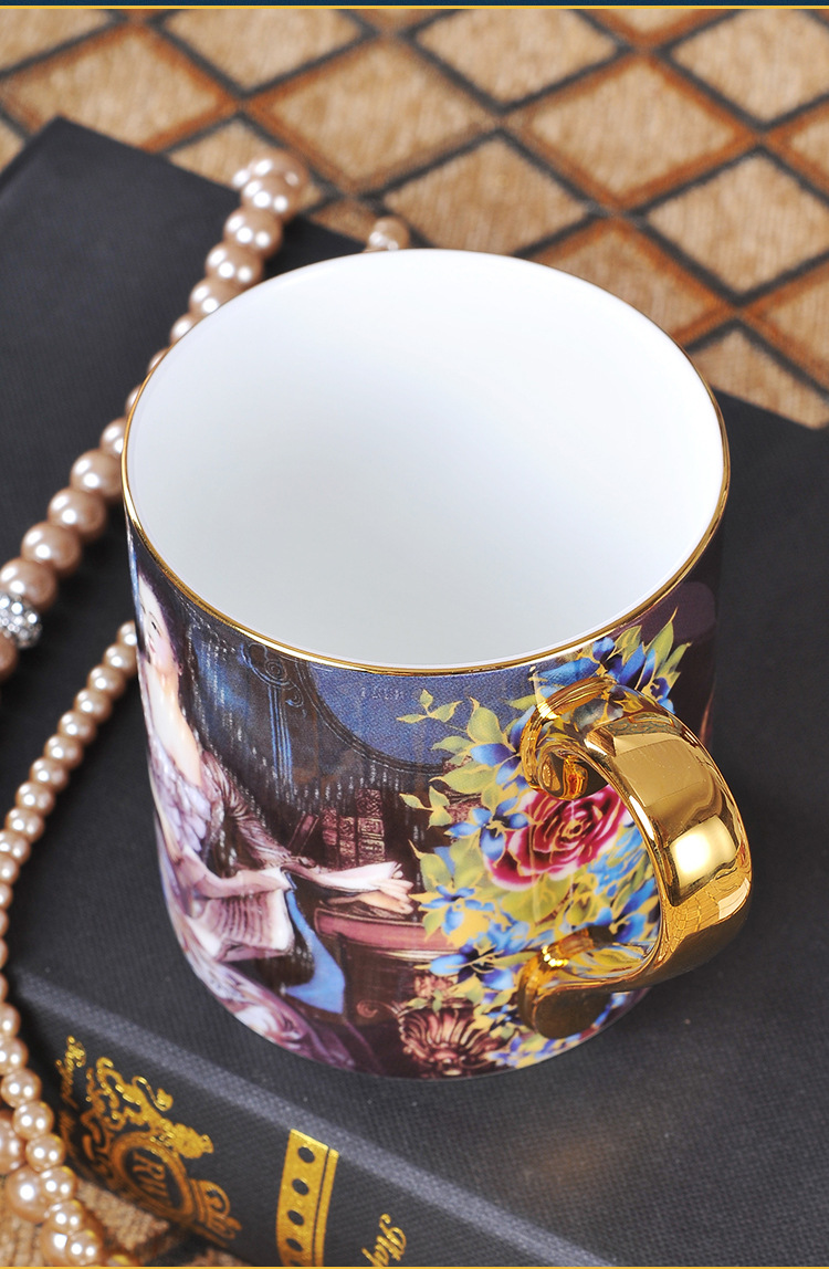 骨瓷描金马克杯 陶瓷欧式人物茶水杯 高档贵族夫人名画咖啡杯礼品