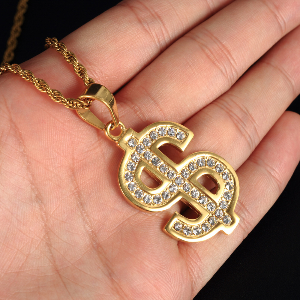 欧美不锈钢镶钻美元符号吊坠 男士嘻哈说唱hip hop钛钢金项链