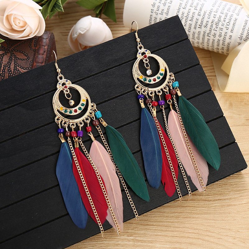 Amazon Wish Long Feather Earrings Creative Water Drop Ornament Long Bohemian Tassel Earrings Earrings