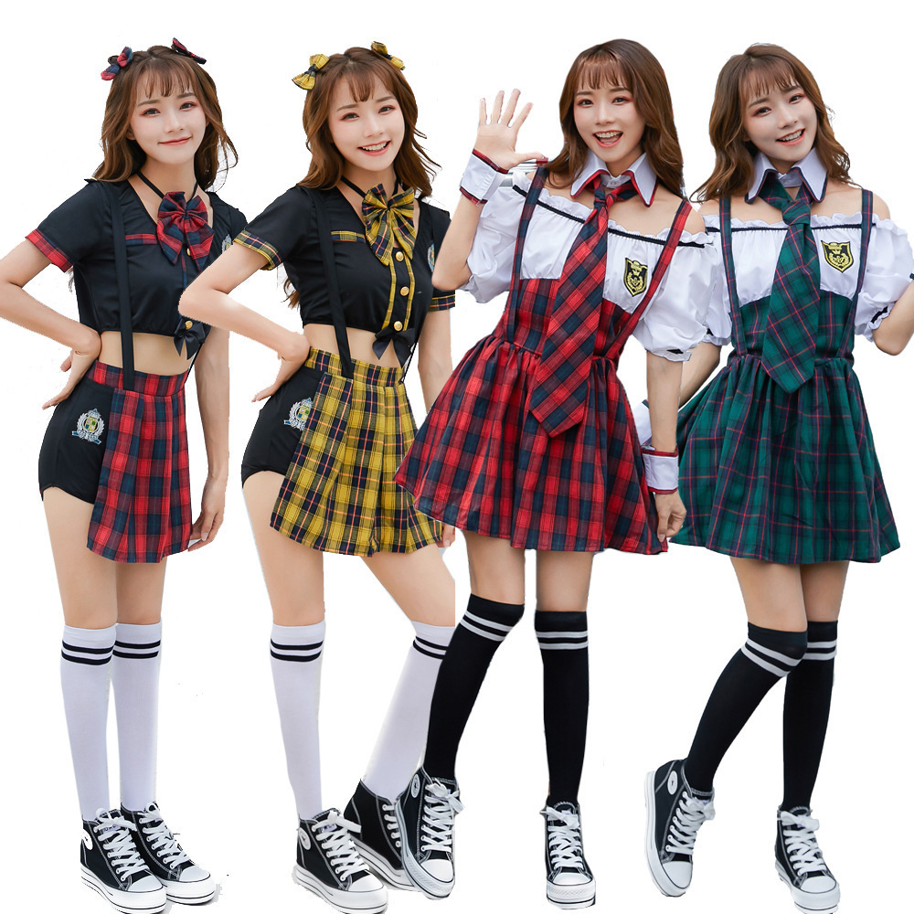 万圣节角色扮演日本俏皮学生装啦啦队校成人格子舞台表演出服批发