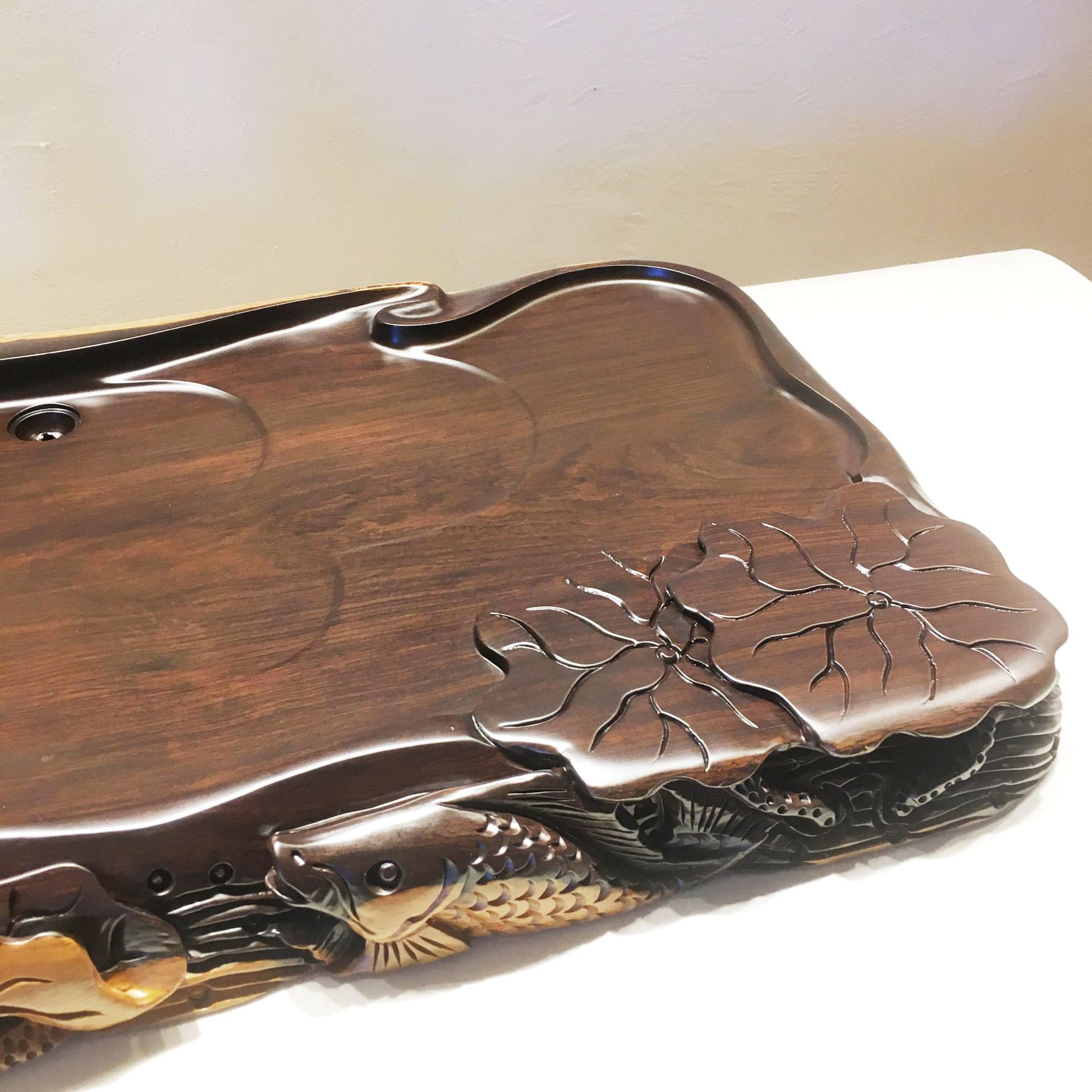 黑檀木茶盘茶台 实木整块茶具 纯手工边雕刻 功夫茶盘 荷叶鱼