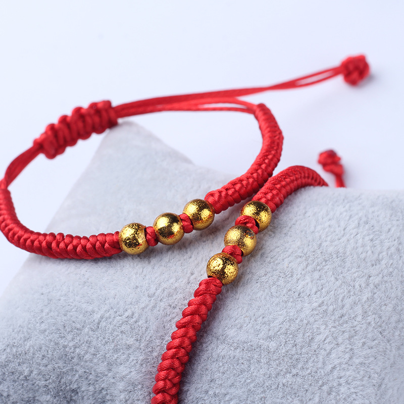保色金珠转运珠本命年红绳手链三金珠纯手工编织 礼品一手货源