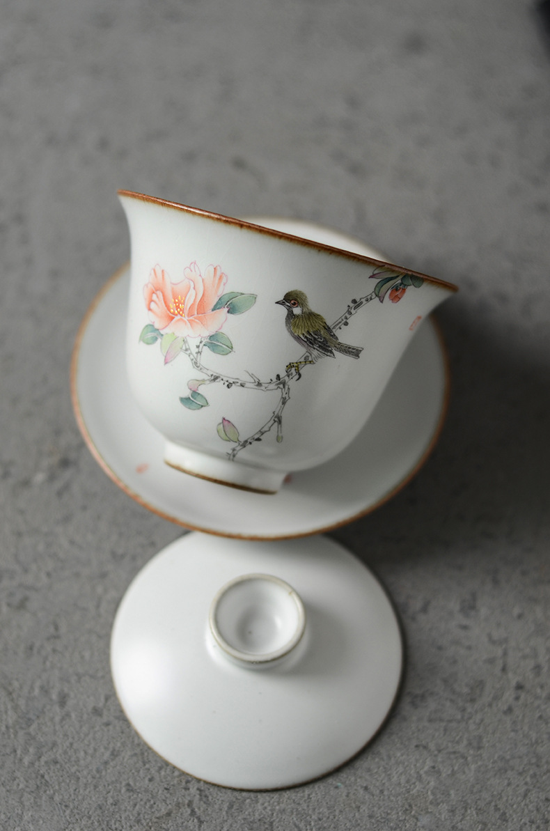 开片汝窑手绘花鸟盖碗茶杯套装陶瓷家用泡茶器茶壶功夫茶具整套