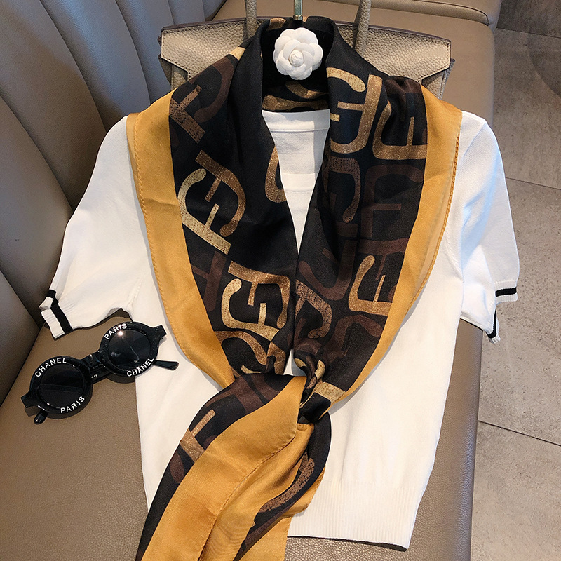 Korean Style Fashion Diamond Neckerchief Letter FF High Quality All-Match Small Scarf Self-Love Self-Retained Scarf Factory Direct Supply