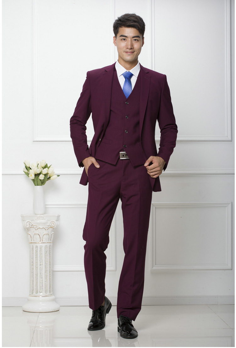 酒红色男士三件套加工量身定做西服套装伴郎新郎结婚礼服修身西装