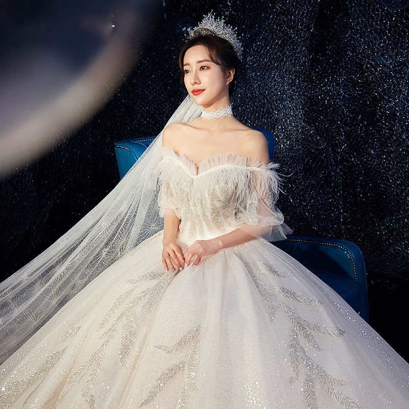 婚纱礼服2021新款森系新娘拖尾一字肩网红抖音超仙梦幻豪华奢侈女