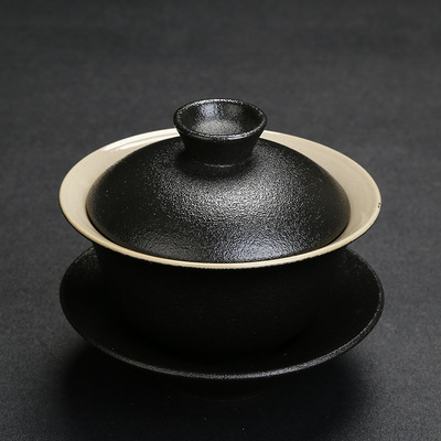 拾年 黑陶盖碗陶瓷 功夫茶具 茶备黑禅风敬茶碗手抓三才杯黑陶