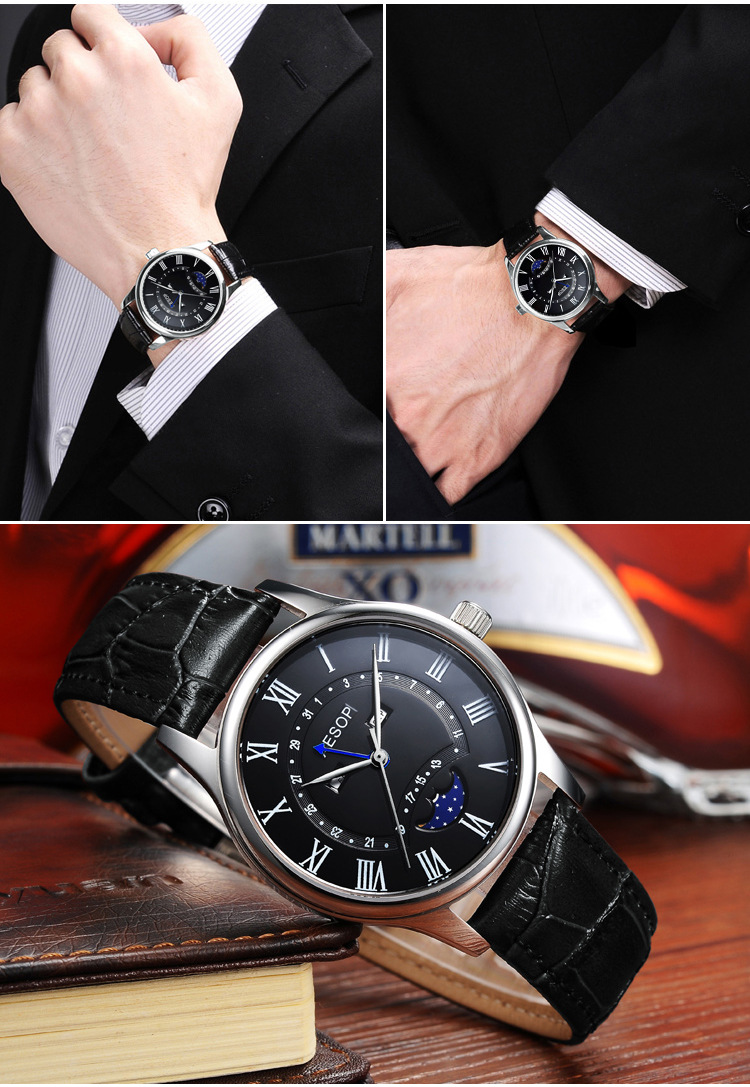 aesop伊索手表多功能月相宝石玻璃精钢表壳防水8848g