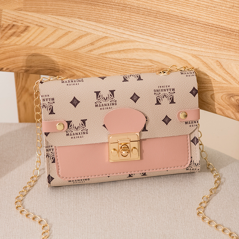 Fashion Mini Printing Contrast Color Small Square Bag Chain Shoulder Women's Bag Hand-Carrying Small Crossbody Bag Mobile Coin Purse Wholesale