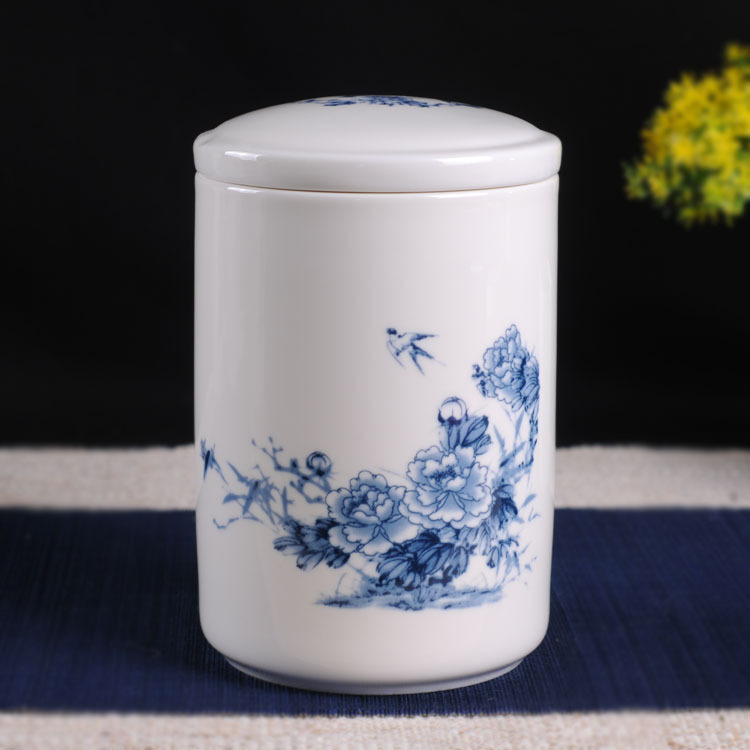 直筒陶瓷茶叶罐半斤装青花瓷罐陶瓷笔筒罐膏方厂家直销批发logo