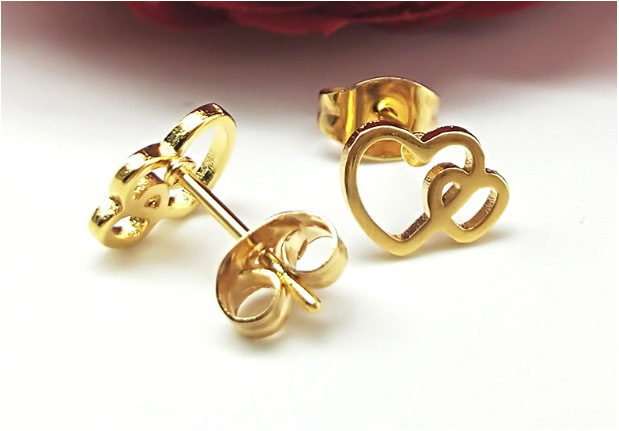 欧科饰品韩版时尚钛钢双心耳钉不锈钢耳环简约镀金心形耳饰饰品