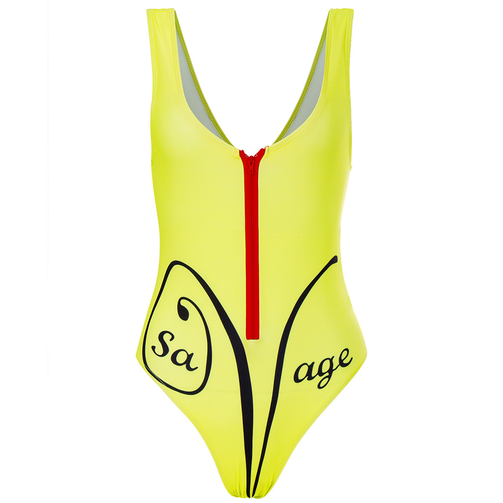 欧美新款性感无袖印花字母sa age三角连体泳衣荧光色个性拉链泳装