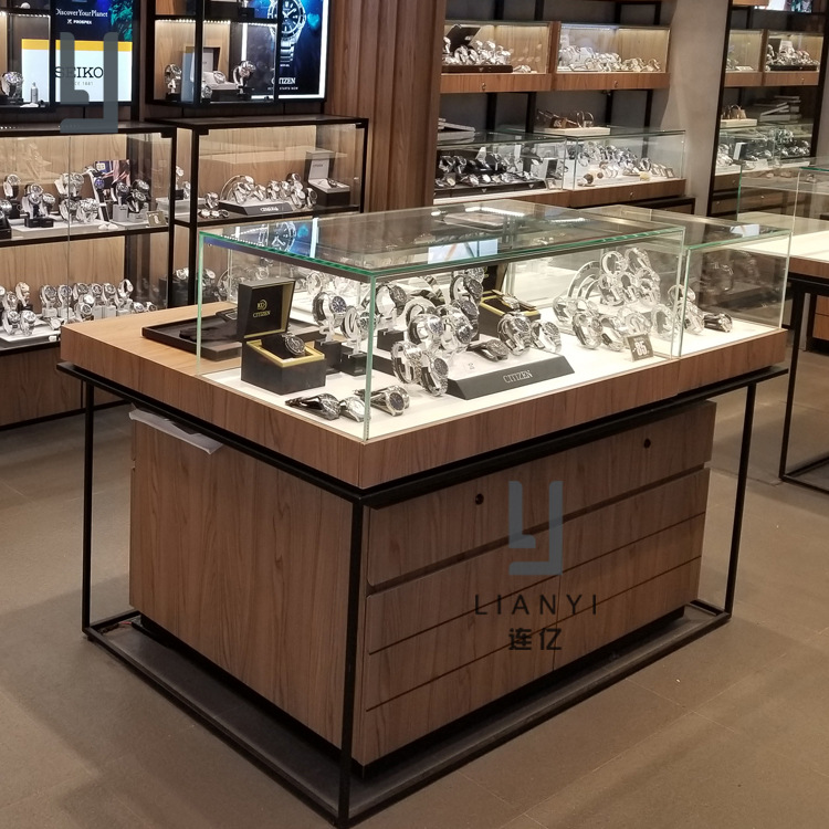 佛山连亿定制手表木展示柜防火板玻璃手表展柜带灯手表柜台中岛柜