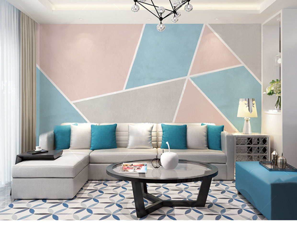 现代简约大气电视背景墙壁纸5d影视墙壁画几何定制8d无缝色块壁布