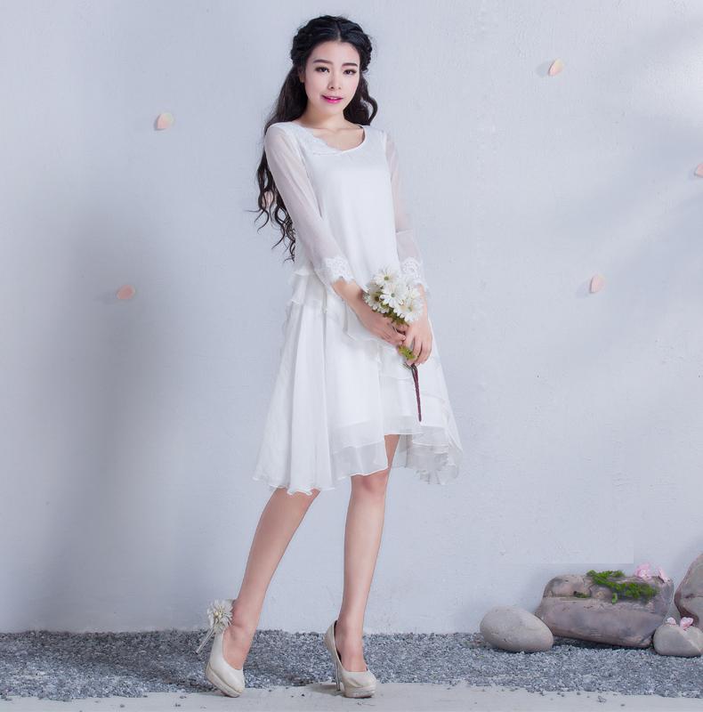 春装新款女装甜美宽松版显瘦优雅大摆雪纺系带连衣裙 梵音