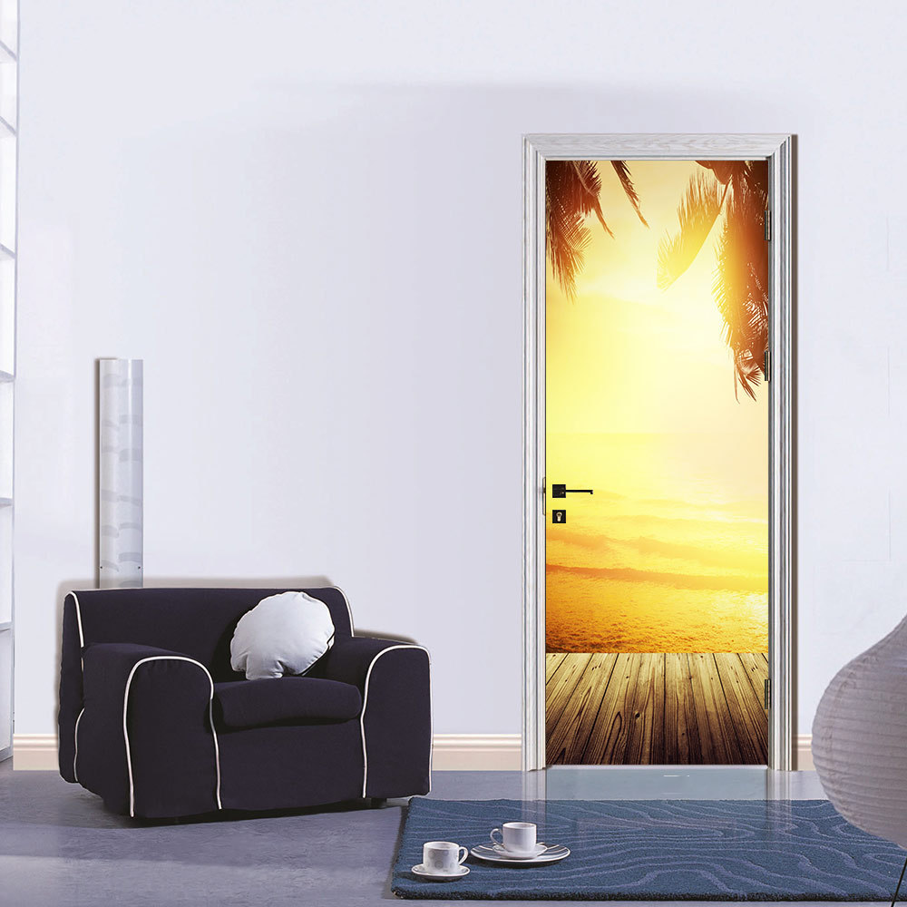 魅集创意仿3d房门贴纸夕阳海边风景卧室浴室自粘防潮门贴