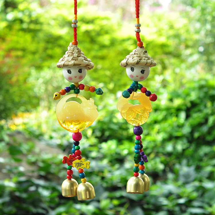 草帽娃娃风铃 东巴小人铜铃稻草人挂件批发 民族风草帽铃铛饰品