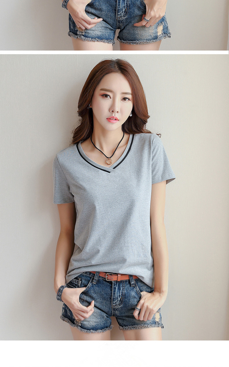 2019夏季新款黑色宽松v领短袖t恤女韩版纯色棉质上衣打底衫体恤潮