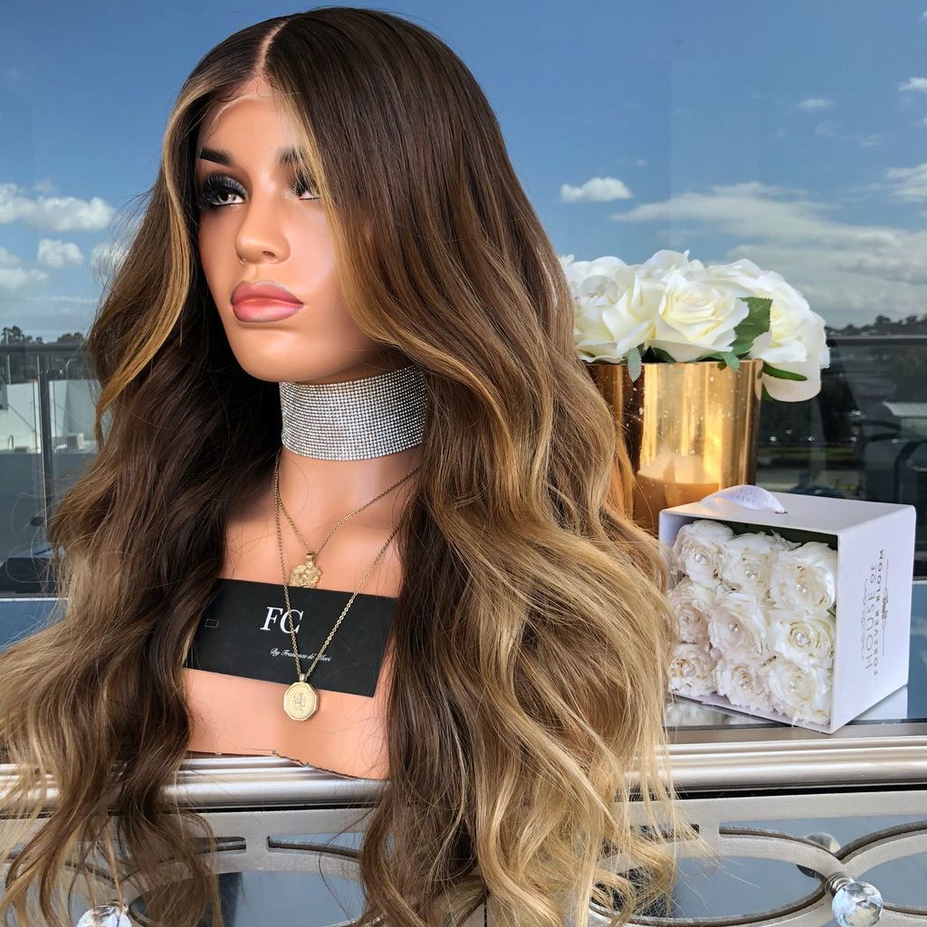 亚马逊新款假发欧美中分时尚女士棕色挑染头发中长卷头发化纤头套