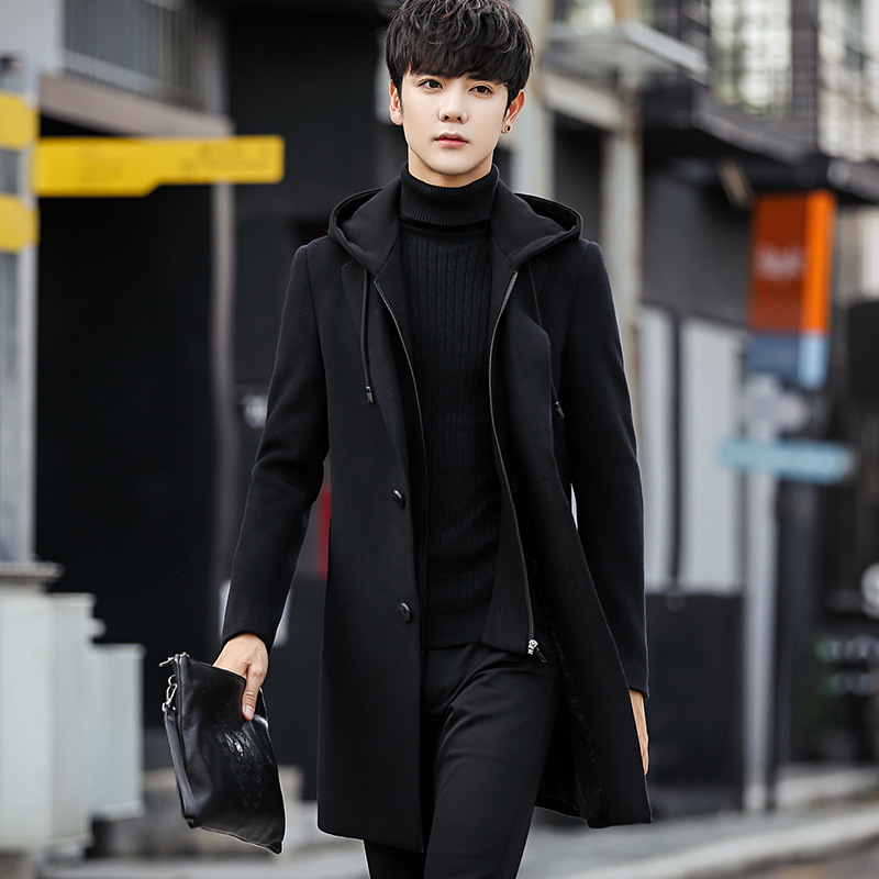 秋冬款呢子大衣男韩版潮流男士风衣修身帅气羊毛呢外套中长款连帽
