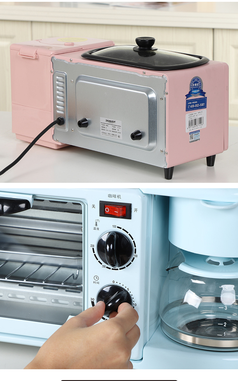 厂价直销三合一早餐机家用烤箱三合一多士炉可煎烤煮带【玻璃盖】