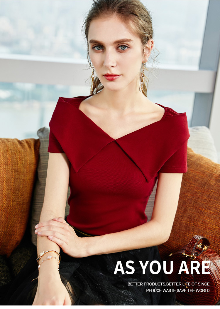 翻领t恤女性感v领短袖体恤心机大领口露锁骨女设计感小众上衣