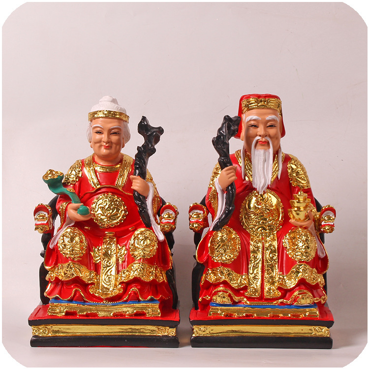 土地公土地婆神像12英寸红衣家用供奉彩绘树脂福德正神佛像