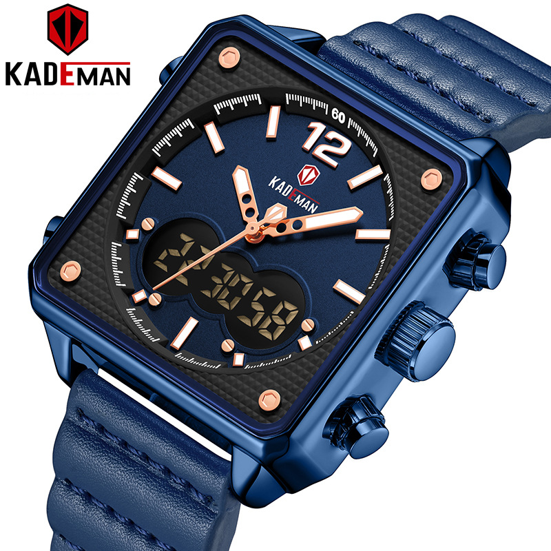 kademan卡德曼k9038新款方形男士双机芯多功能运动防水皮带手表