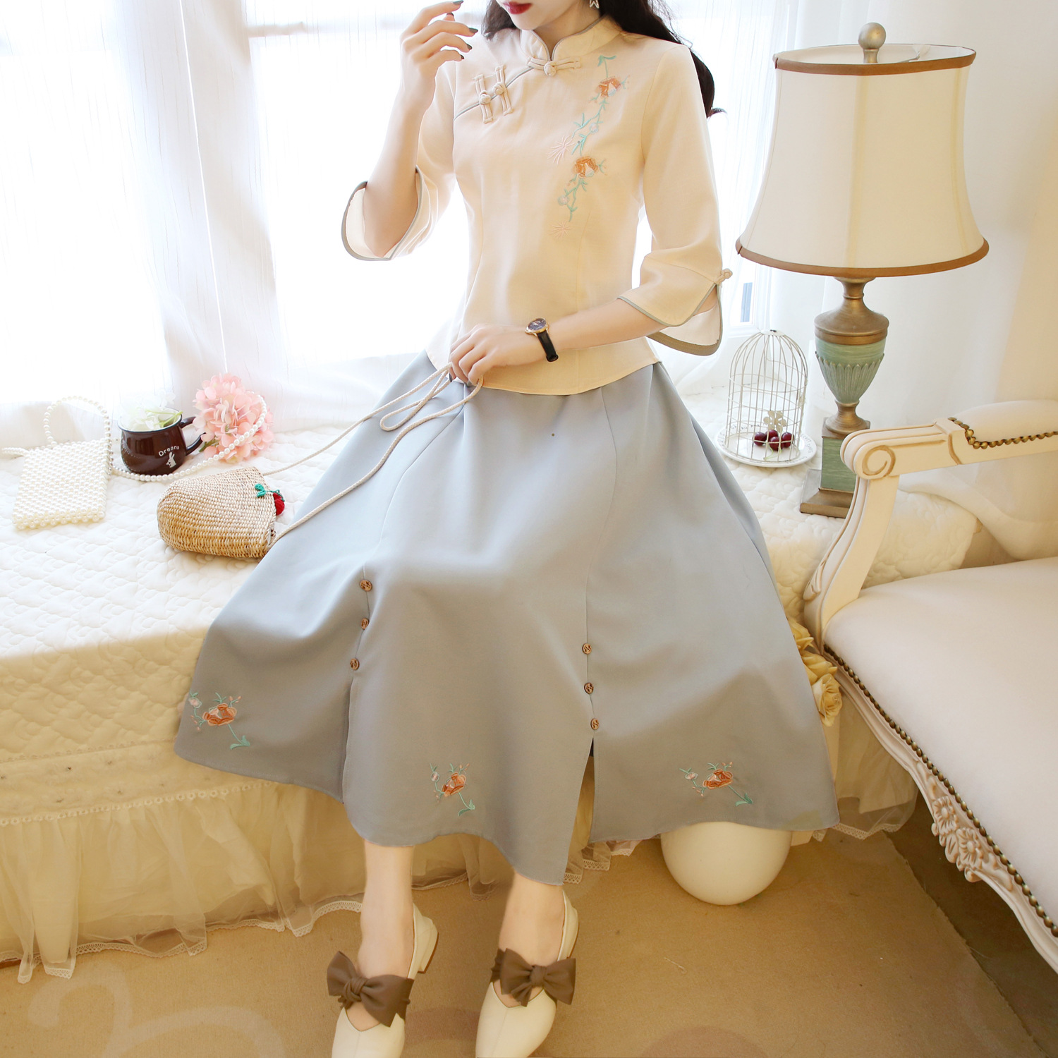 复古改良旗袍两件套刺绣花朵民国风裙子女装中国风套装汉服