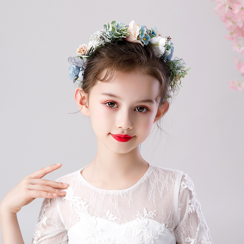女童公主走秀头饰花童蓝色花环小朋友写真森系头环影楼摄影饰品女