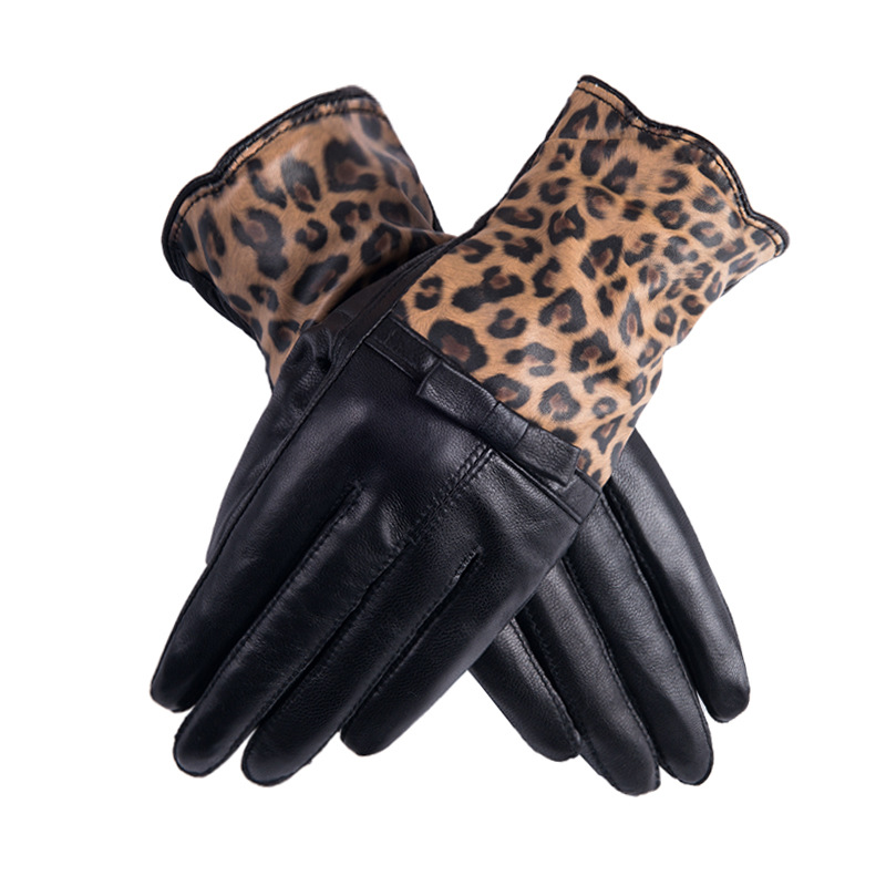 Leopard Print Genuine Leather Gloves for Women Windproof Coldproof Warm Sheepskin Gloves Cycling Velvet Lining Winter Gloves Wholesale