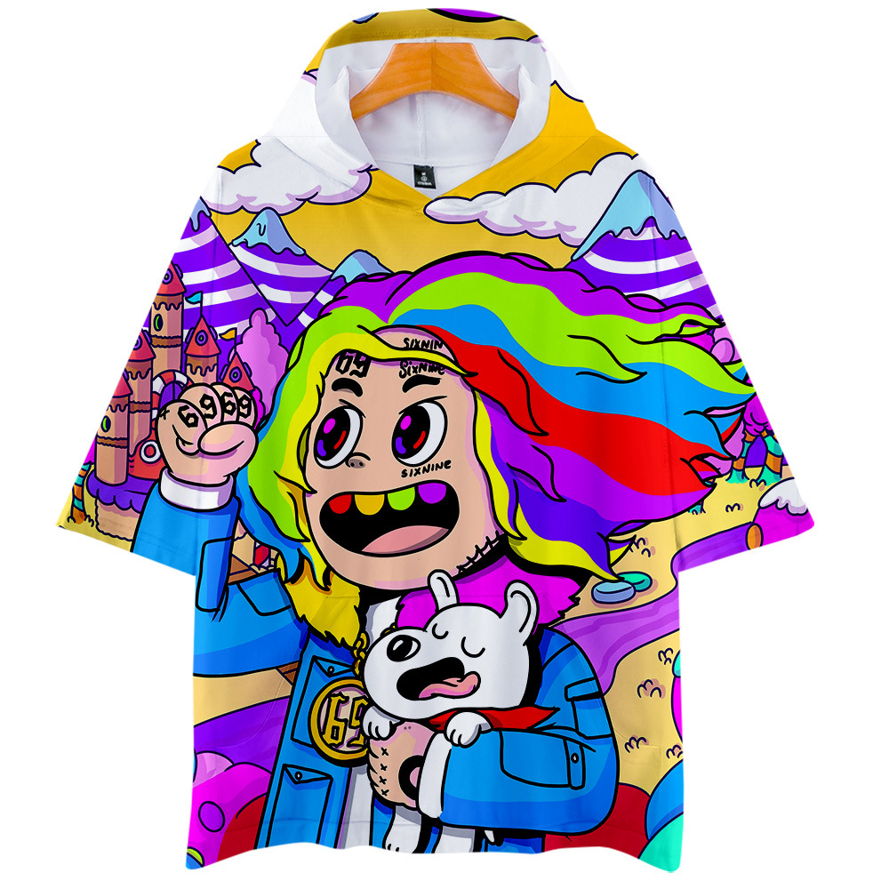 跨境亚马逊潮流3d数码印花6ix9ine短袖带帽t恤男女批发