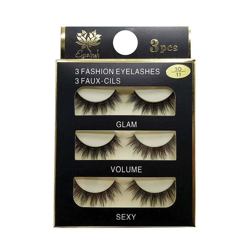 3D11 False Eyelashes 3D Chemical Fiber False Eyelashes Three Pairs Natural Thick Cross Eyelash Cross-Border Supply