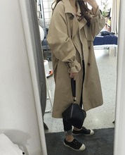 韩版女装chic早秋双排扣拼接中长款过膝侧面开叉气质风衣宽松外套
