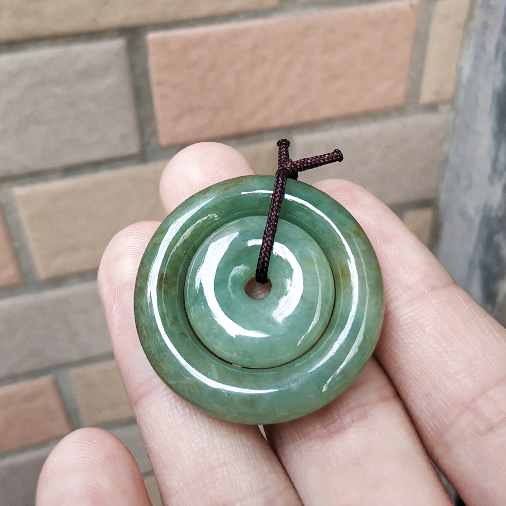 天然翡翠平安扣吊坠34mm 玉石油青子母扣玉怀古挂件 附带证书