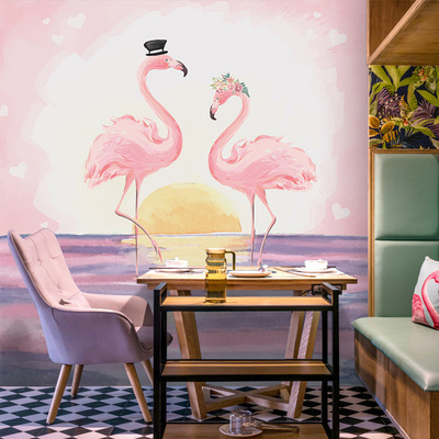 粉色火烈鸟ins风壁纸美妆工作室装饰背景墙舞蹈室美容院专用墙纸