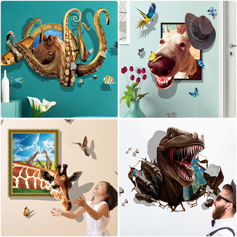跨境3d立体动物墙贴纸卧室客厅书房宿舍背景装饰画pvc可移除贴纸