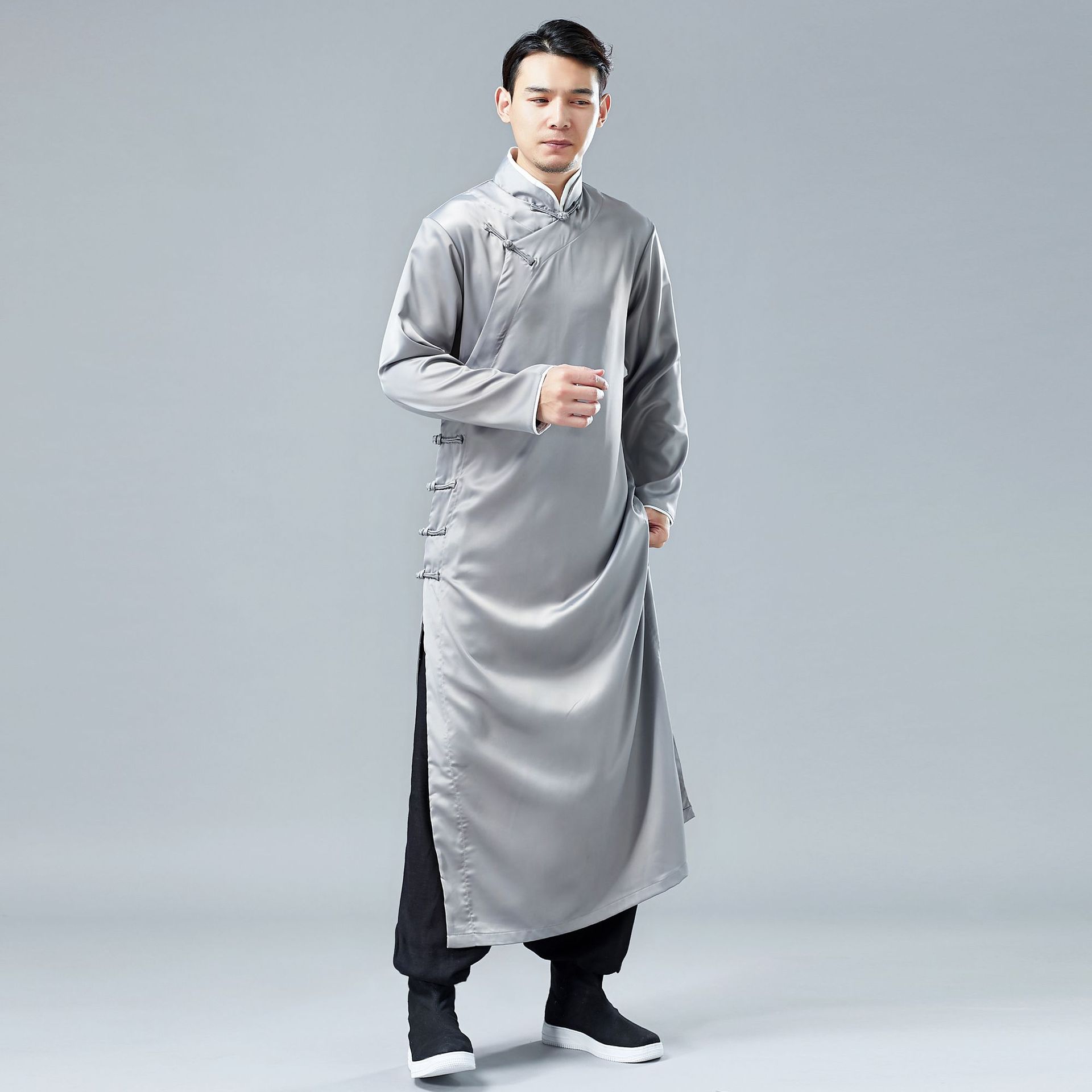 麻凡缎面长衫男唐装民国风长袍相声服休闲中国风民族服装中式长衫