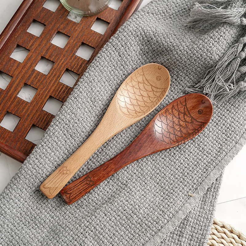 创意榉木鱼形勺子 复古实木勺木质小汤勺 高档酒店专用调羹 饭勺