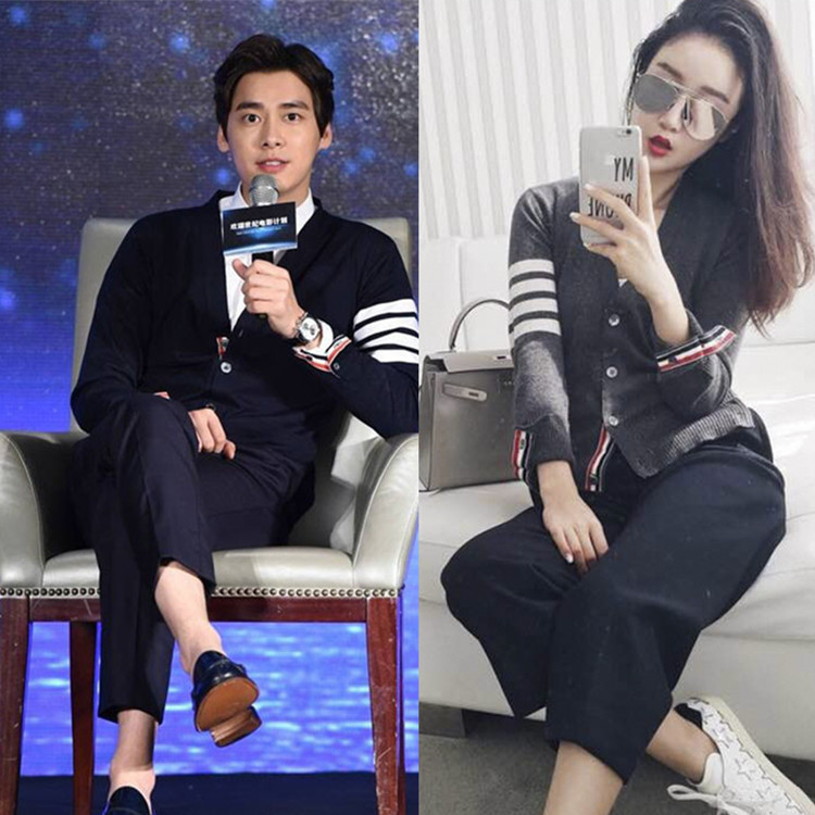 明星同款tb开衫春秋薄款男女v领羊毛开衫情侣装四条杠外套